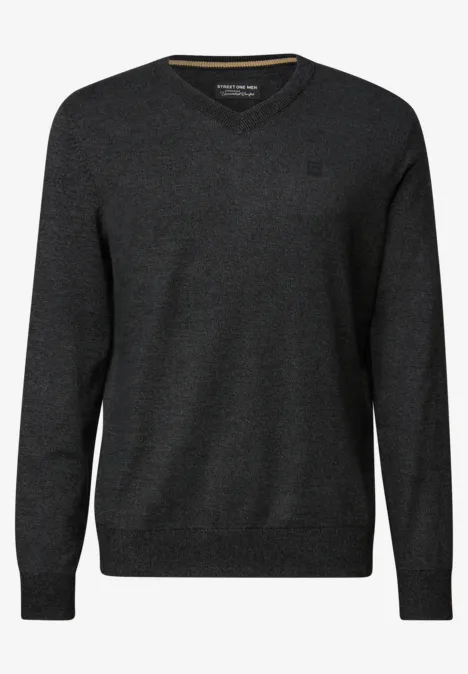 Basic V-Neck Strickpullover anthra grey melange