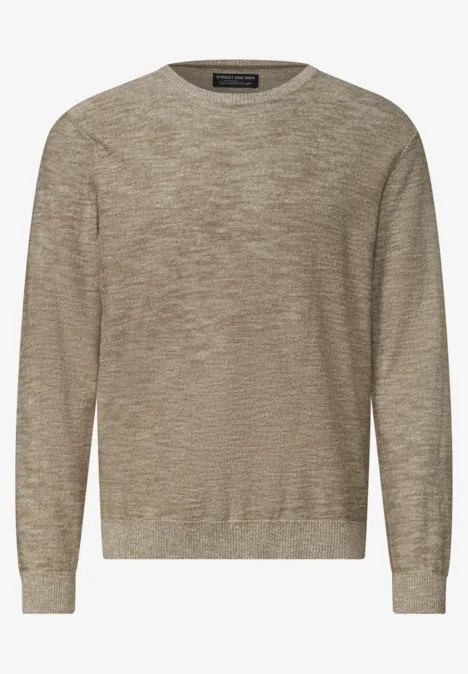 Hellbrauner melierter Rundhals-Pullover aus leichtem Strickstoff mit langen Ärmeln.