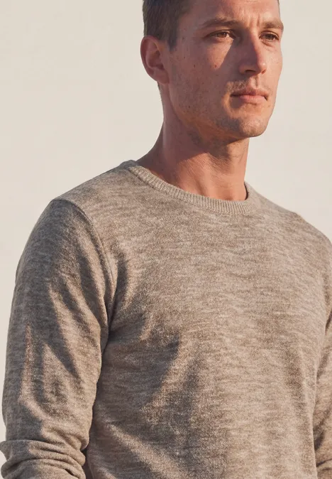 Ein Mann in einem graubeigen Pullover vor neutralem Hintergrund.