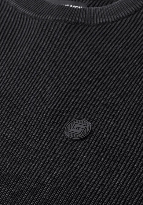 Trui met ronde hals en gemengde texturen Black Zwarte ribgebreide trui met klein, rond logo in het midden