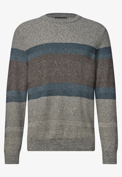 Trui met ronde hals en streepjespatroon bright beige melange Gebreide trui met lange mouwen en ronde hals, gestreept in grijs, bruin en blauw.