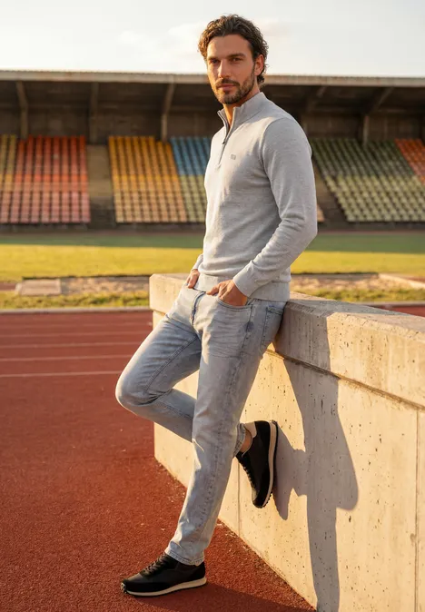 Ein Mann in lässiger Sportkleidung lehnt entspannt an einer Stadionmauer neben der Laufbahn.