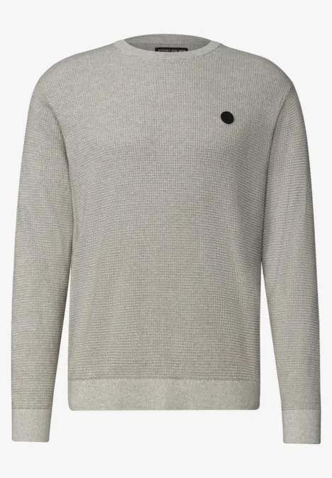 Trui met ronde hals en schouderdetail bright beige melange Grijze trui met ronde hals en klein zwart logo op de borst.