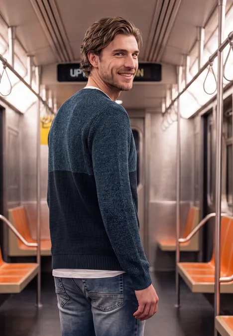Ein lächelnder Mann in Jeans und Pullover steht in einem leeren U-Bahn-Wagen und schaut zurück.