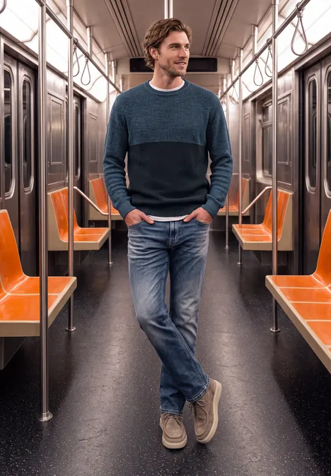 Ein lächelnder Mann in Jeans und Pullover steht entspannt in einer leeren U-Bahn.