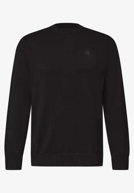 Eenvoudige trui met ronde hals in effen kleur Black Zwarte trui met lange mouwen, ronde hals en subtiel geborduurd logo