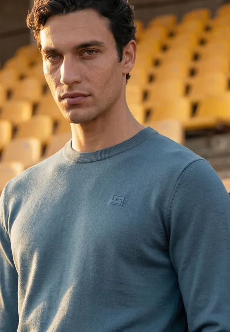 Eenvoudige trui met ronde hals in effen kleur cold blue Jonge man in een blauw sweatshirt voor lege stadiontribunes.