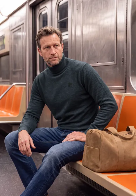 Ein Mann in Jeans und Pullover sitzt in einer U-Bahn mit orangefarbenen Sitzen und hält eine braune Tasche.