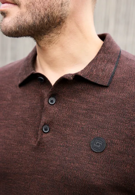 Gebreid poloshirt in mouliné-look maroon brown Close-up van een man in een bruine poloshirt met knoopsluiting en subtiel logo.