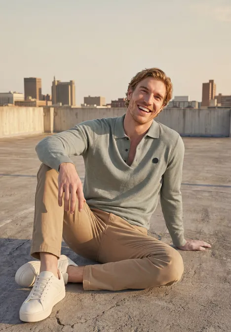 Gebreid poloshirt in mouliné-look willow green Een jonge man in trui, chino en sneakers zit lachend op een plat dak met uitzicht op de stad.