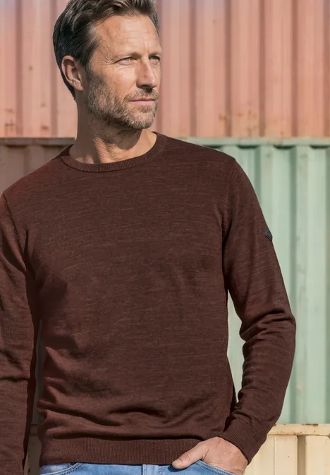 Trui met ronde hals van puur katoen maroon brown Een man met een bruine trui staat voor gekleurde containers en kijkt opzij.