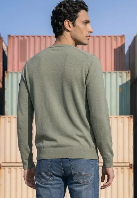 Trui met ronde hals van puur katoen willow green Man van achteren in groene longsleeve en spijkerbroek voor kleurrijke containers.
