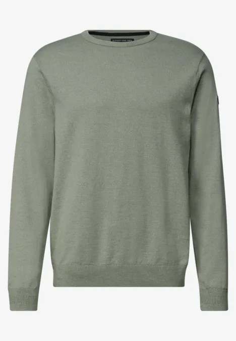 Trui met ronde hals van puur katoen willow green Een effen kaki sweater met ronde hals en lange mouwen.