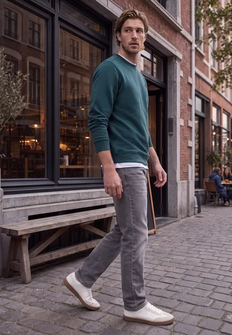 Un homme en pull vert, pantalon gris et baskets blanches regarde en arrière dans une rue pavée devant un café.