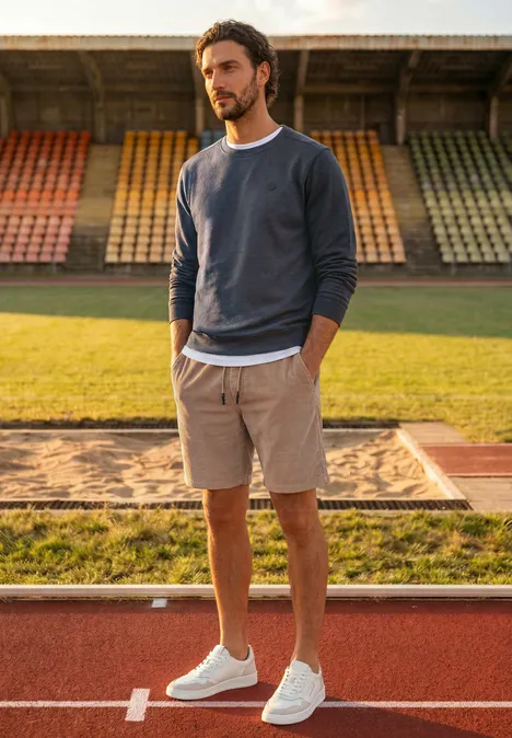 Un homme en sweat gris, short beige et baskets blanches se tient sur une piste d’athlétisme devant des gradins.