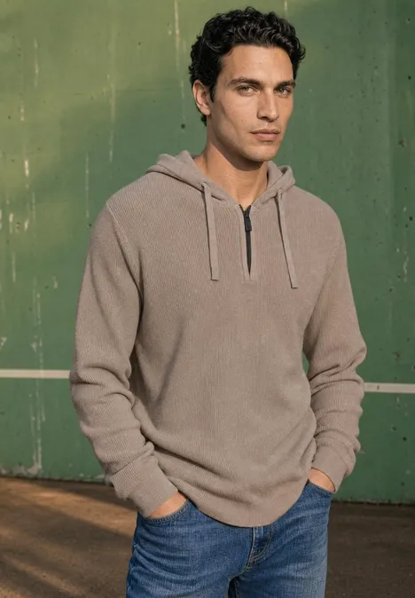 Pullover in Unifarbe mit Kapuze antique beige Ein junger Mann trägt einen beigen Hoodie und blaue Jeans vor grünem Hintergrund.