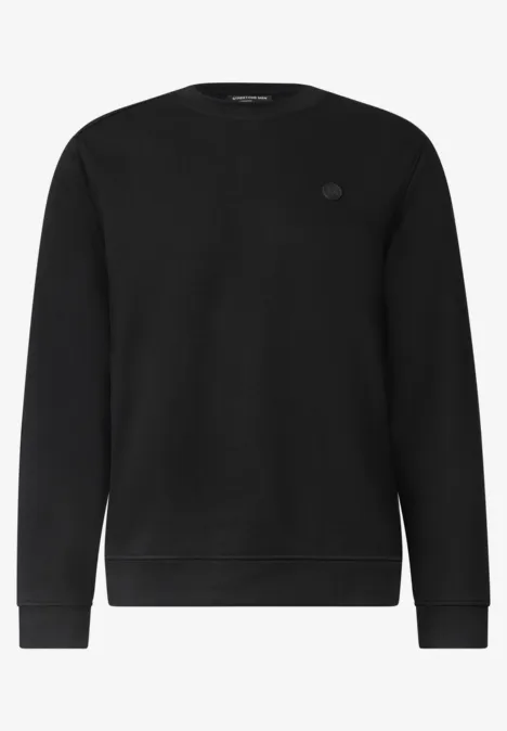 Schwarzes schlichtes Sweatshirt mit Rundhalsausschnitt und dezentem Logo auf der Brust.