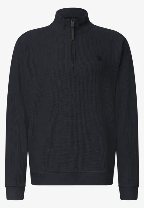 Schwarzer Langarm-Pullover mit hohem Kragen und Reißverschluss bis zur Brustmitte, unifarben, sportlich.