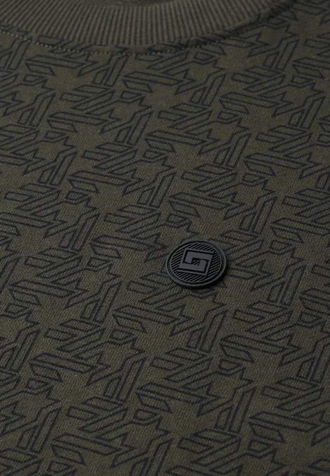 Sweat à col rond et imprimé urban olive green Grünes T-Shirt mit dezentem Allover-Muster und runder Logo-Plakette in der Mitte.
