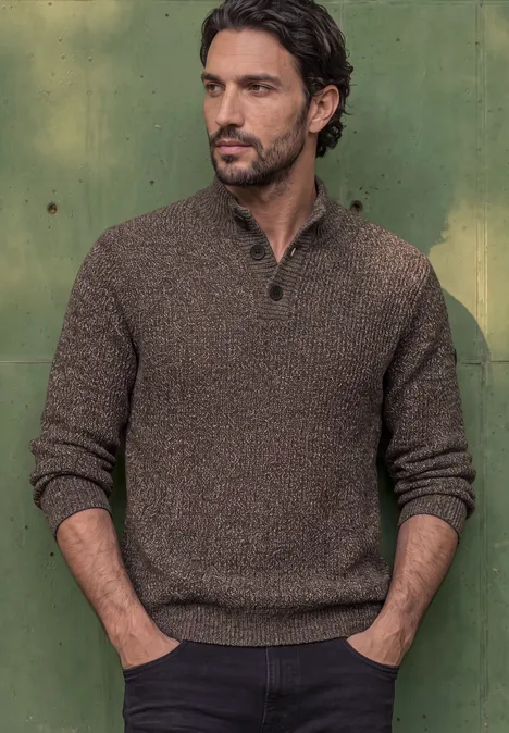 Pull à col roulé et texturé shadow brown Ein Mann mit dunklen Haaren trägt einen braunen Strickpullover und steht vor einer grünen Wand.