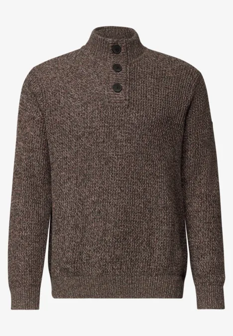 Pull à col roulé et texturé shadow brown Brauner Strickpullover mit Stehkragen und Knopfleiste, meliert, bequem und stylisch.