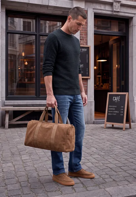 Chenille-trui met wafelstructuur dark ink blue Ein Mann in schwarzem Pullover, Jeans und braunen Schuhen hält eine braune Reisetasche vor einem Café