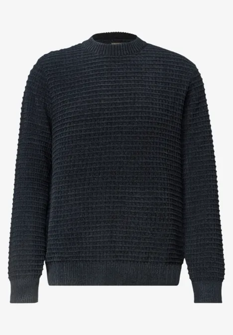 Chenille-trui met wafelstructuur dark ink blue Dunkelblauer Strickpullover mit feiner Waffelstruktur, Rundhals und langen Ärmeln.