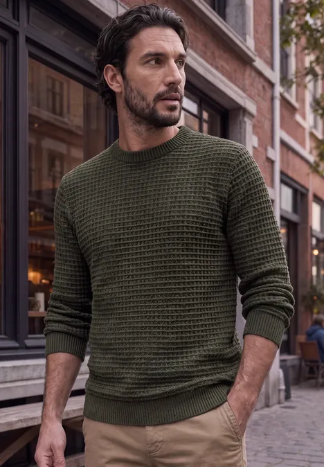 Chenille-trui met wafelstructuur urban olive green Ein Mann in olivgrünem Strickpullover steht mit Händen in den Taschen auf Kopfsteinpflasterstraße.