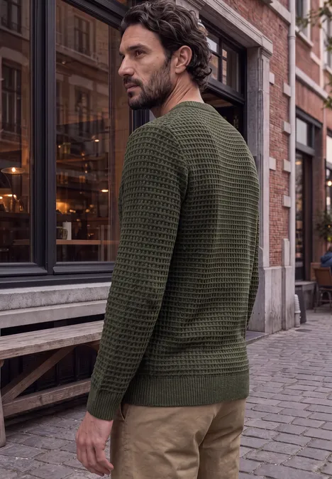 Chenille-trui met wafelstructuur urban olive green Ein Mann im grünen Strickpullover steht in einer Gasse aus Kopfsteinpflaster und blickt über die Schulter.