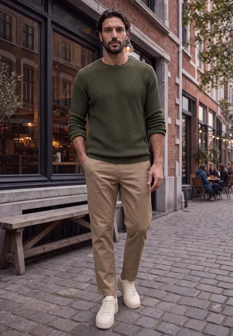 Chenille-trui met wafelstructuur urban olive green Ein Mann in grünem Pullover, beigen Hosen und weißen Sneakers steht auf Kopfsteinpflaster vor einem Café.