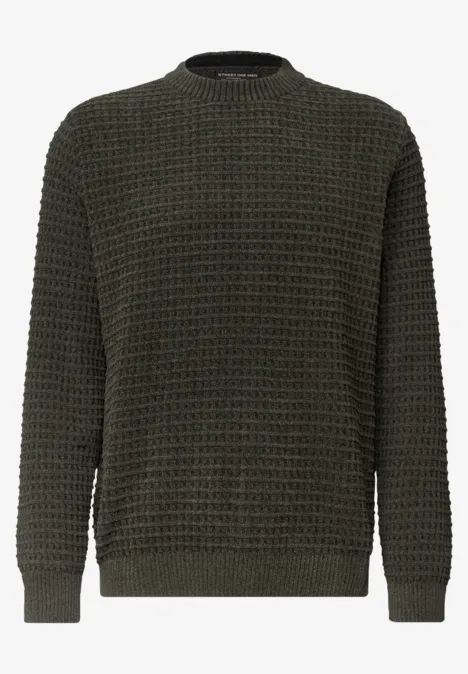 Chenille-trui met wafelstructuur urban olive green Dunkelgrüner, strukturierter Rundhals-Pullover mit grobem Strickmuster und langen Ärmeln.