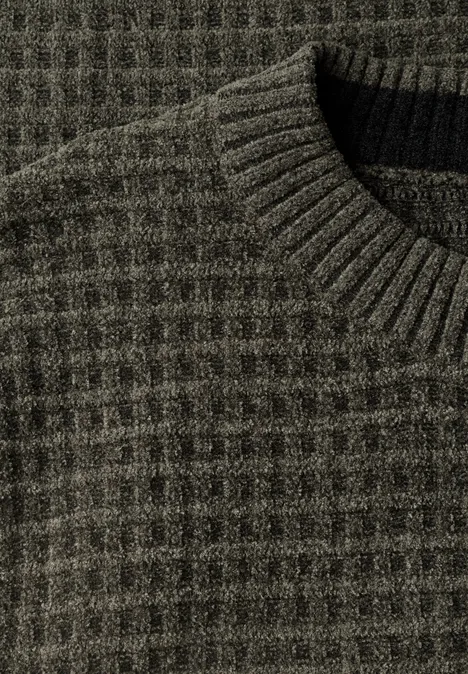 Chenille-trui met wafelstructuur urban olive green Dunkelgrüner Strickpullover mit Waffelmuster und Rundhalsausschnitt.