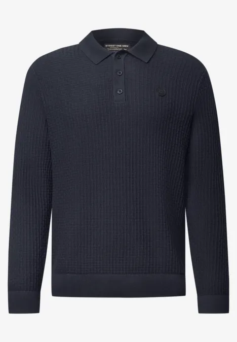 Trui met polokraag en wafelstructuur dark ink blue Dunkelblauer, langärmliger Strickpullover mit Polokragen und 3-Knopfleiste.