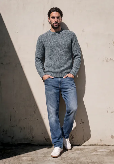 Pullover mit Rundhals und Wollanteil vintage blue Mann steht lässig an der Wand im Sonnenlicht, trägt grauen Pullover, blaue Jeans und weiße Sneaker.