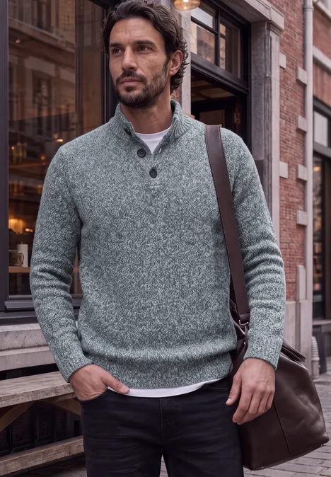 Ein Mann trägt einen grauen Strickpullover mit Knopfleiste und eine Umhängetasche in urbaner Umgebung.