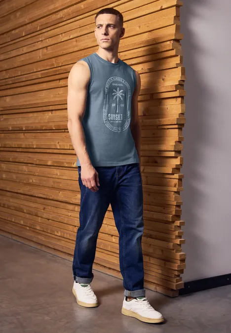 Basic tanktop met print dusty blue