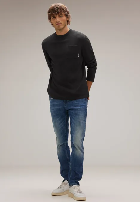 Waffelstruktur Langarmshirt Black