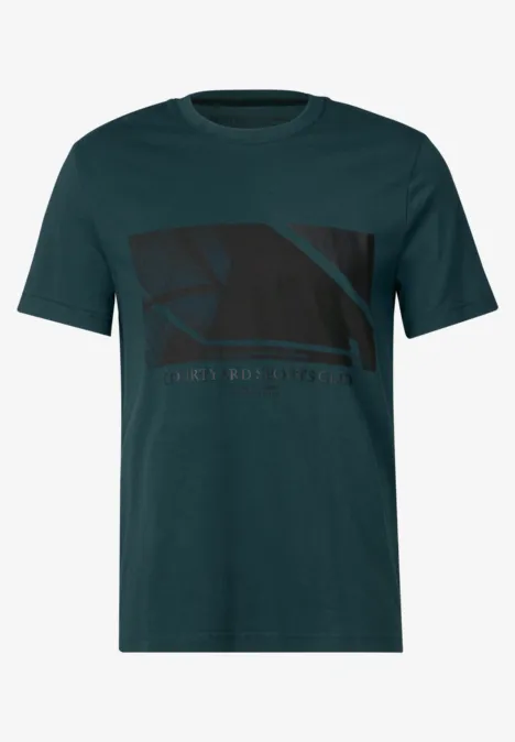 Dunkelgrünes T-Shirt mit abstraktem schwarzem Print auf der Vorderseite.