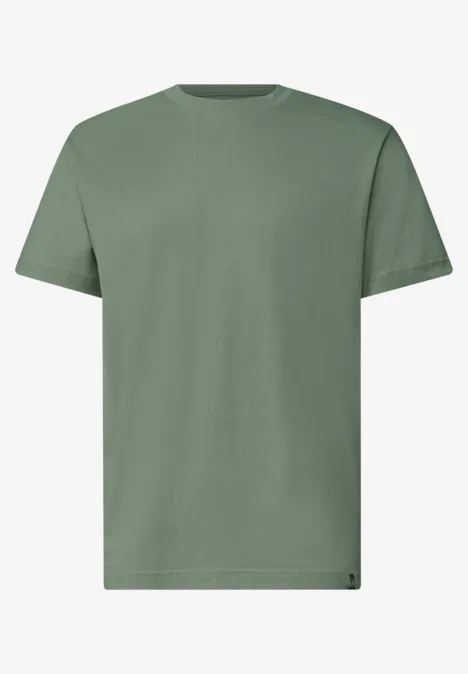 Een effen olijfgroen T-shirt met korte mouwen en ronde hals op witte achtergrond.