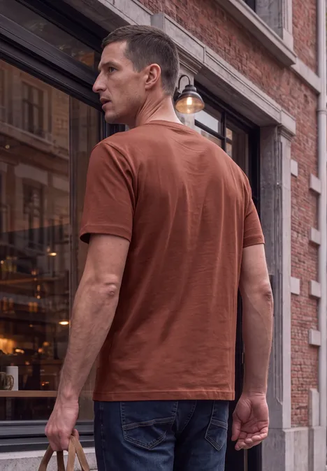 Basic Shirt van puur katoen raw copper red Een man in een bruin T-shirt en spijkerbroek staat voor een bakstenen gebouw en kijkt achterom.