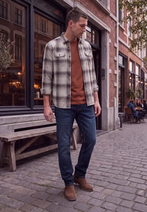 Basic Shirt van puur katoen raw copper red Een man in een geruit overhemd, bruine trui en jeans staat op een kasseienstraat voor een café.