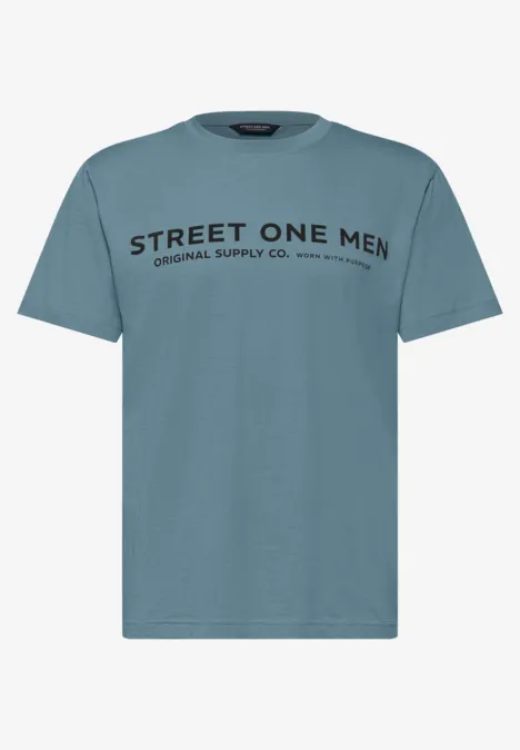 T-shirt homme turquoise à col rond, impression noire 'STREET ONE MEN' sur la poitrine.