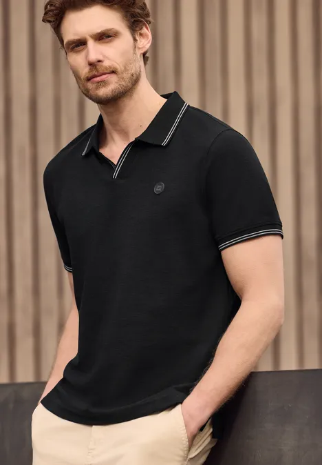 Kurzarm Poloshirt mit Struktur Black Kurzarm Poloshirt mit Struktur Black