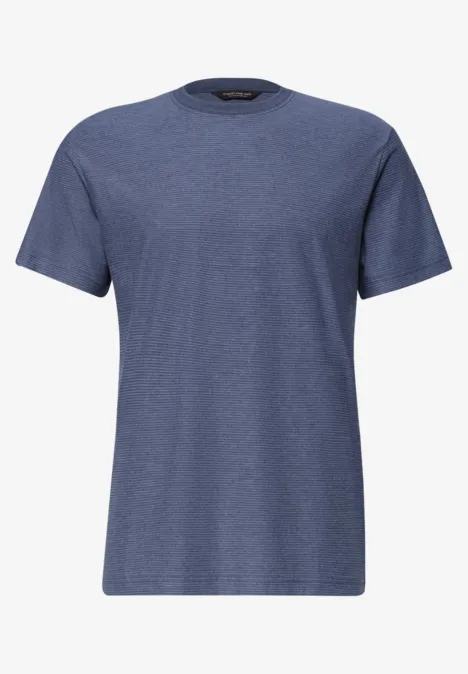 Een effen T-shirt met korte mouwen in gemêleerd blauw en ronde hals.