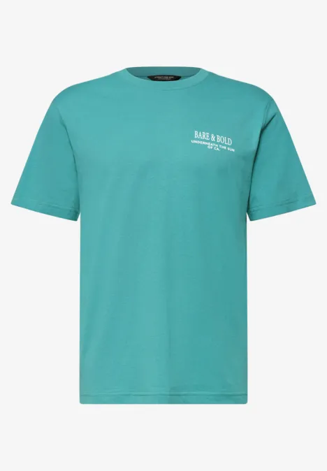 Effen turquoise T-shirt met ronde hals en korte mouwen, klein wit borstlogo.