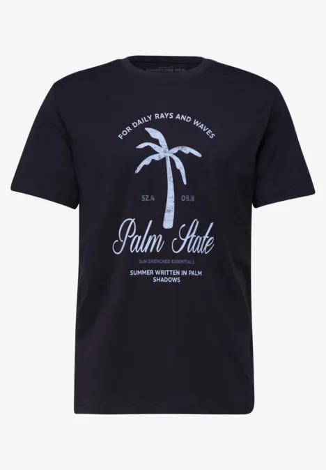 Schwarzes T-Shirt mit weißem Palmendruck und Schriftzug "Palm State"