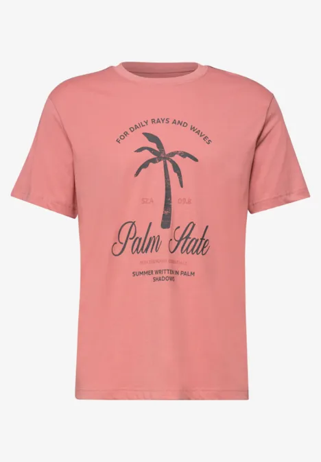 Roze T-shirt met gestileerde palmprint en 'Palm State'-tekst in donkere opdruk.