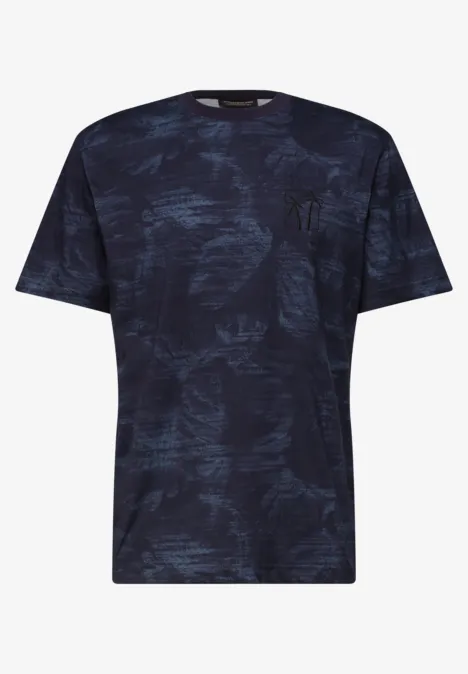 Donkerblauw T-shirt met abstract patroon en borstzak.