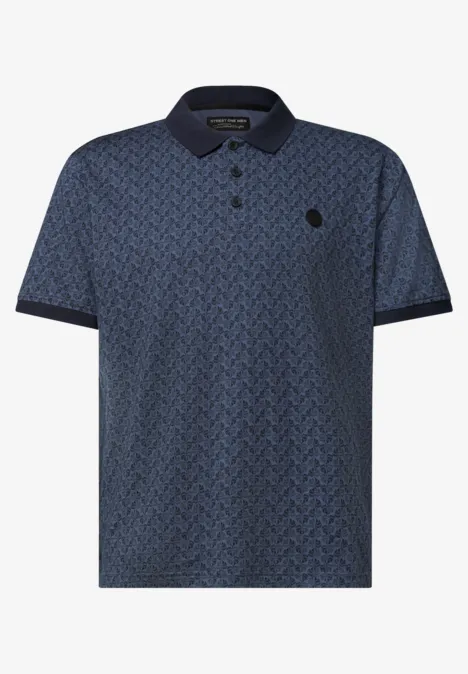 Dunkelblaues Polohemd mit dezenter Allover-Grafik, dunklem Kragen und Ärmelbündchen sowie kleinem Logo auf der Brust