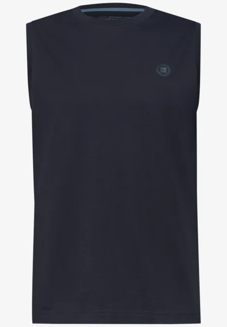 Ärmelloses, dunkelblaues Herren-Tanktop mit rundem Logo auf der Brust